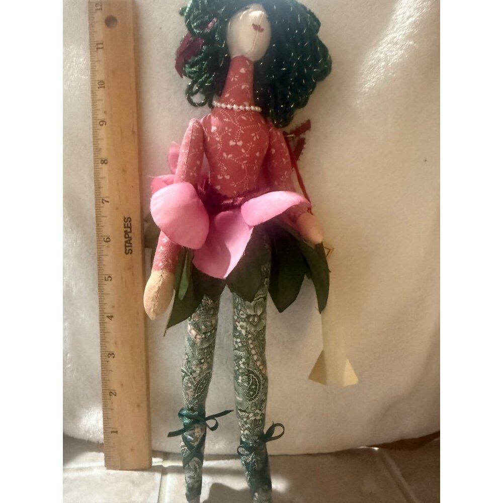 Handmade Whimsi-Gals Doll With Floral Outfit & Green Yarn Hair By Elies